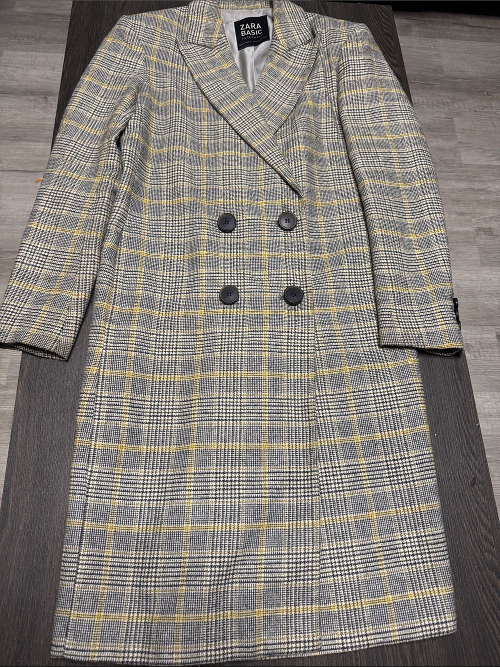 Zara Double-Breasted Plaid Trench Coat in Gray with Yellow Windowpane